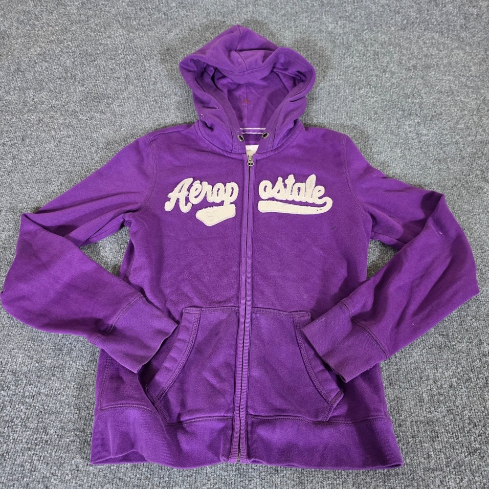 2000s Y2K Aeropostale Womens Purple Full Zip Hoodie Applique Logo Size Medium